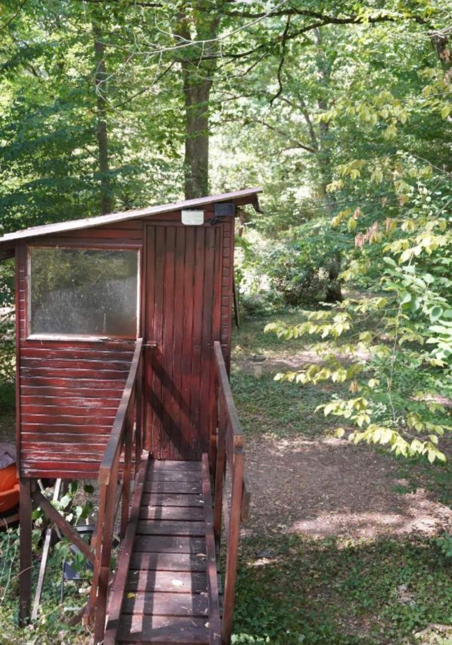 La passerelle en bois menant à la cabane des toilettes sèches